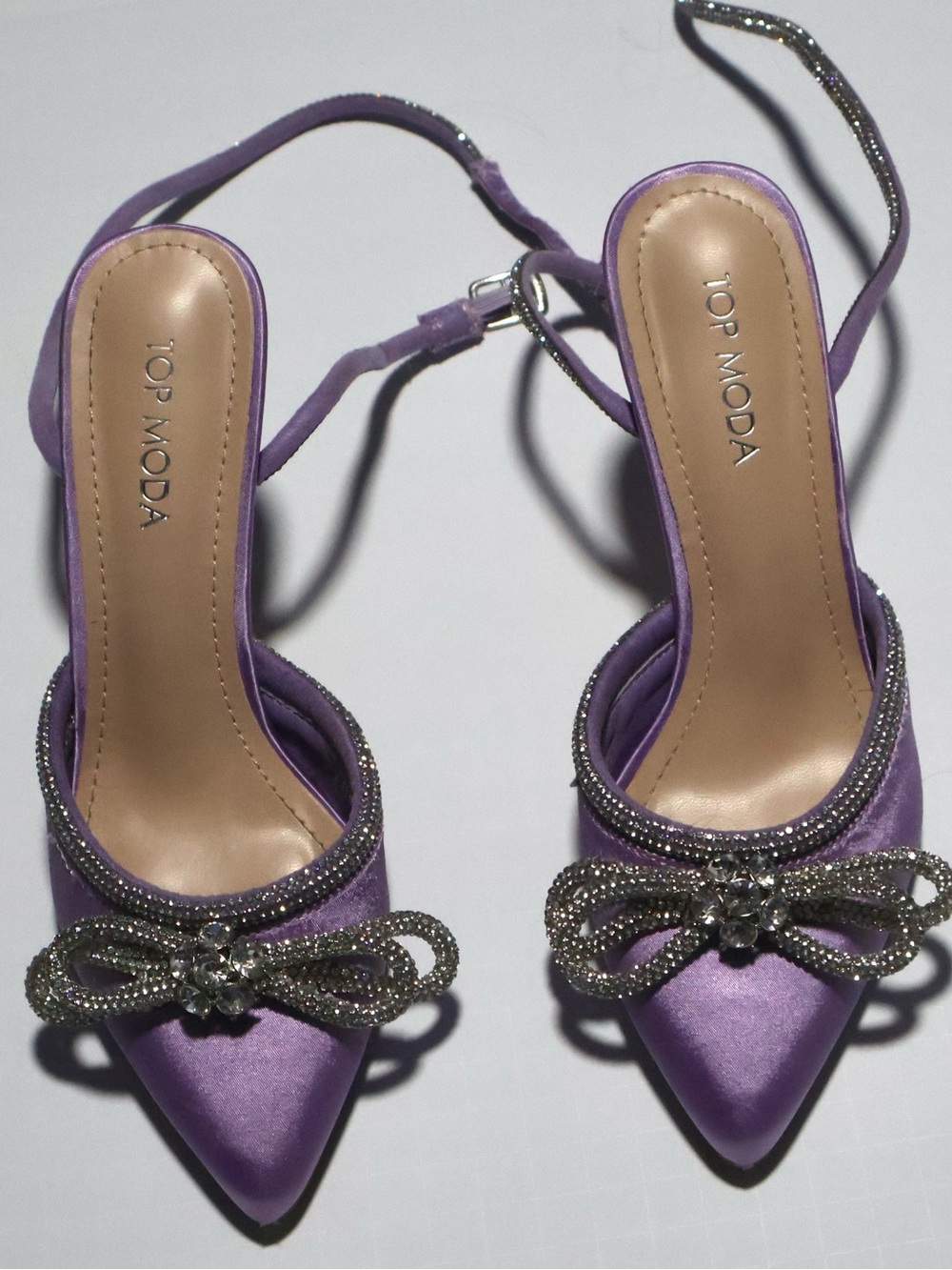 TOP MODA Lavender Satin Pointed-Toe Slingback Heels with Crystal Bow